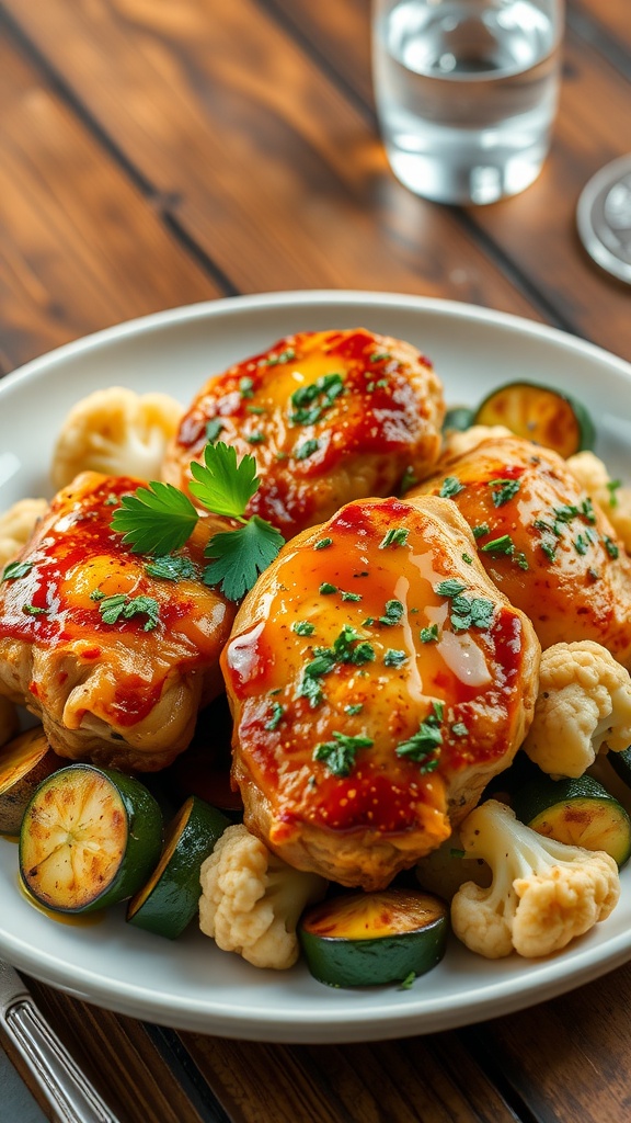 Keto-Friendly Garlic Butter Chicken Thighs Garlic butter chicken thighs garnished with parsley on a rustic table with keto vegetables.